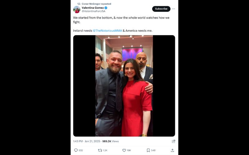 Conor McGregor reposted Valentina Gomez's tweet. Conor McGregor reposted Valentina Gomez's tweet.